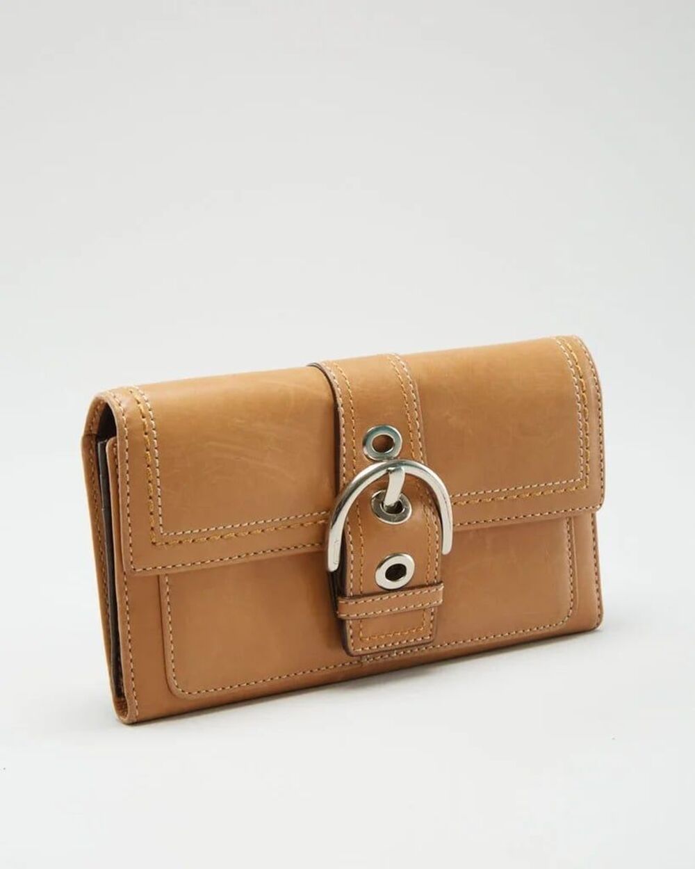 Vintage Coach SoHo Camel Tan Smooth Leather Trifold Snap Buckle Wallet